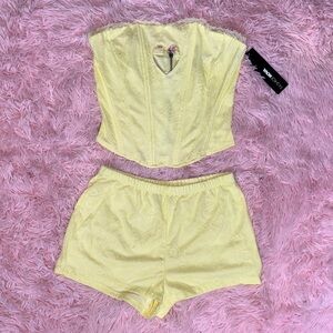 Fashion Nova Pale Yellow Lace Corset & Shorts Set